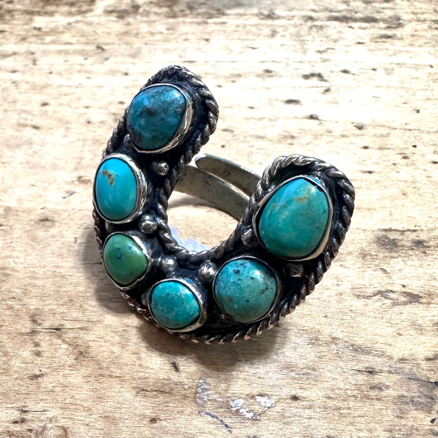 6 Turquoise Stone Horseshoe Coin Silver Ring