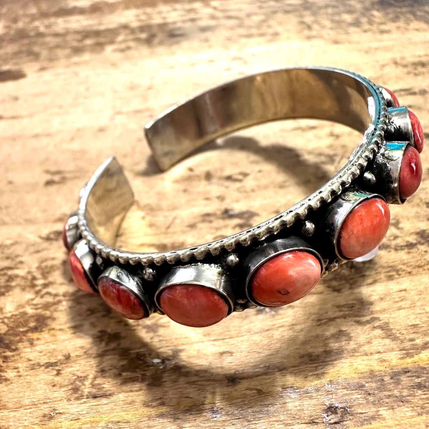 Coral Stone Coin Silver Cuff Bracelet