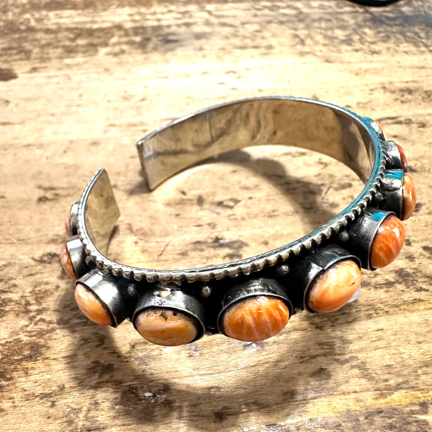 Apricot Stone Coin Silver Cuff Bracelet