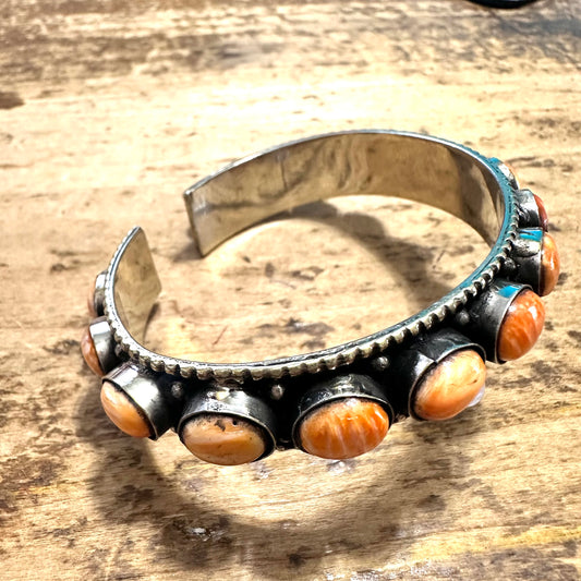 Apricot Stone Coin Silver Cuff Bracelet