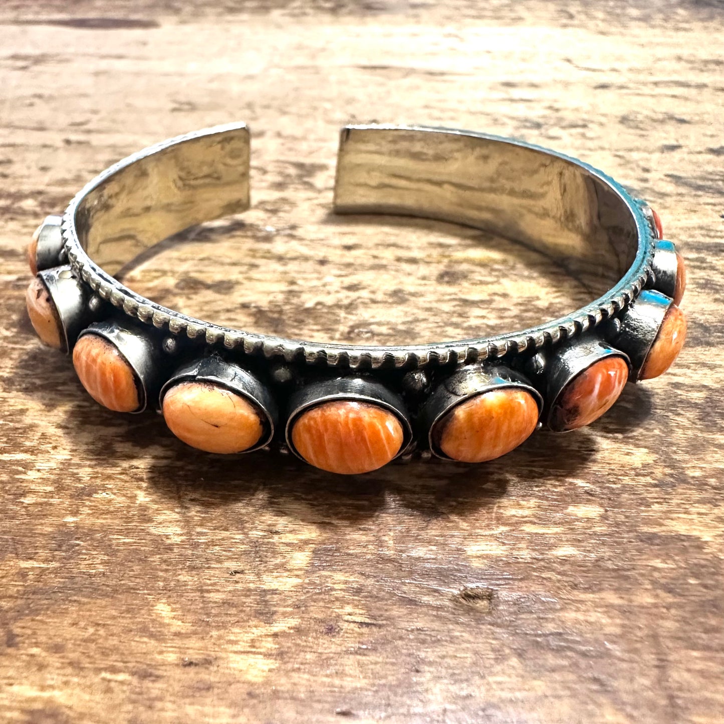 Apricot Stone Coin Silver Cuff Bracelet
