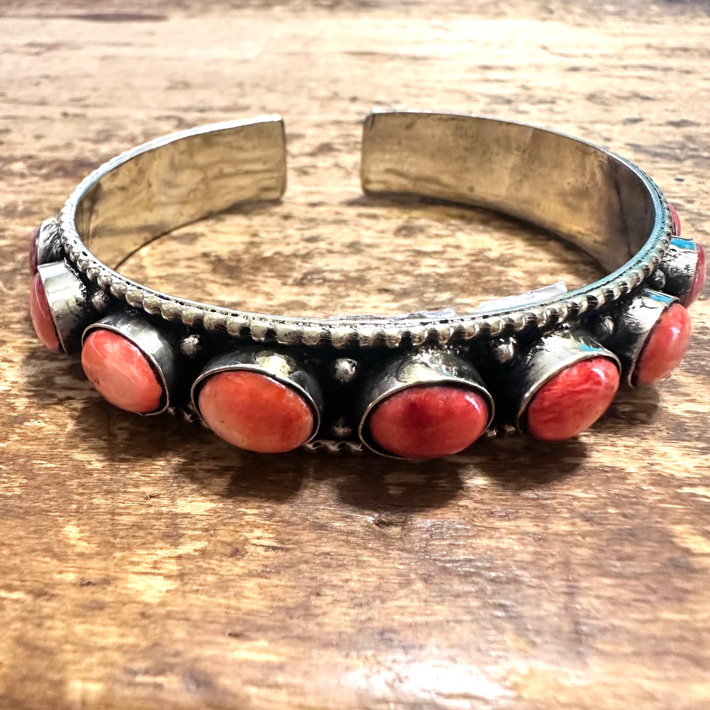 Coral Stone Coin Silver Cuff Bracelet