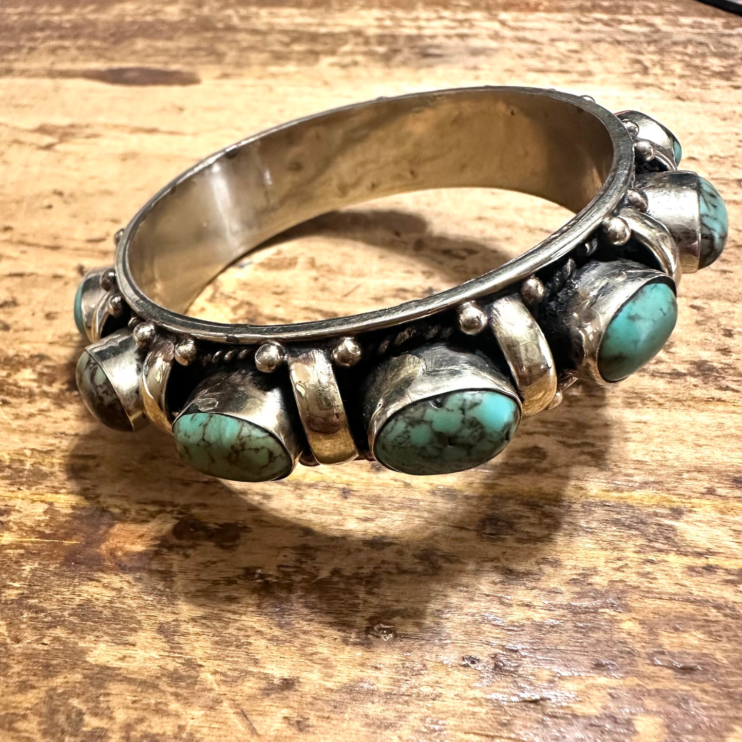 Turquoise & Bar Coin Silver Bangle Bracelet