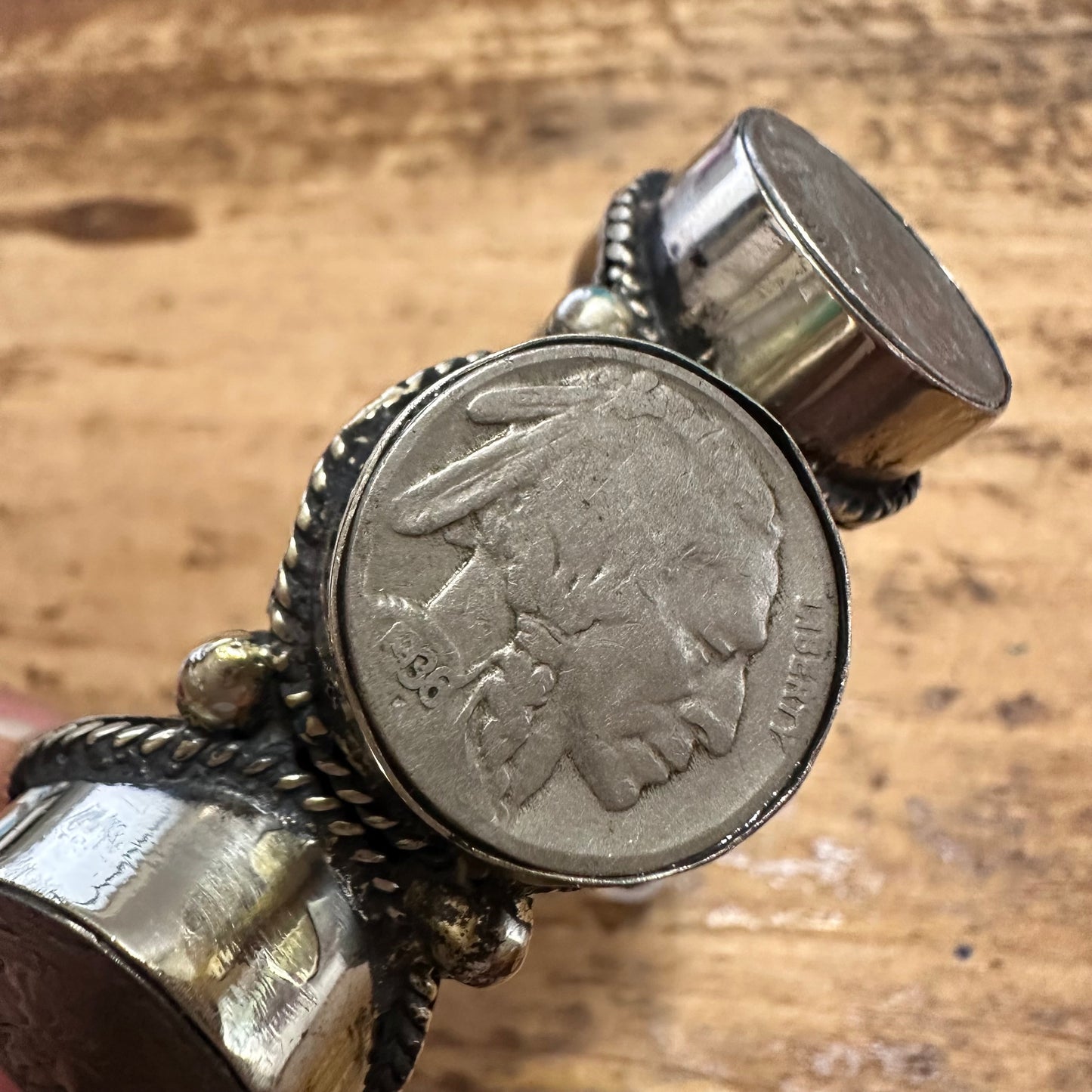 Indian Coin Rope Edge Coin Silver Cuff Bracelet