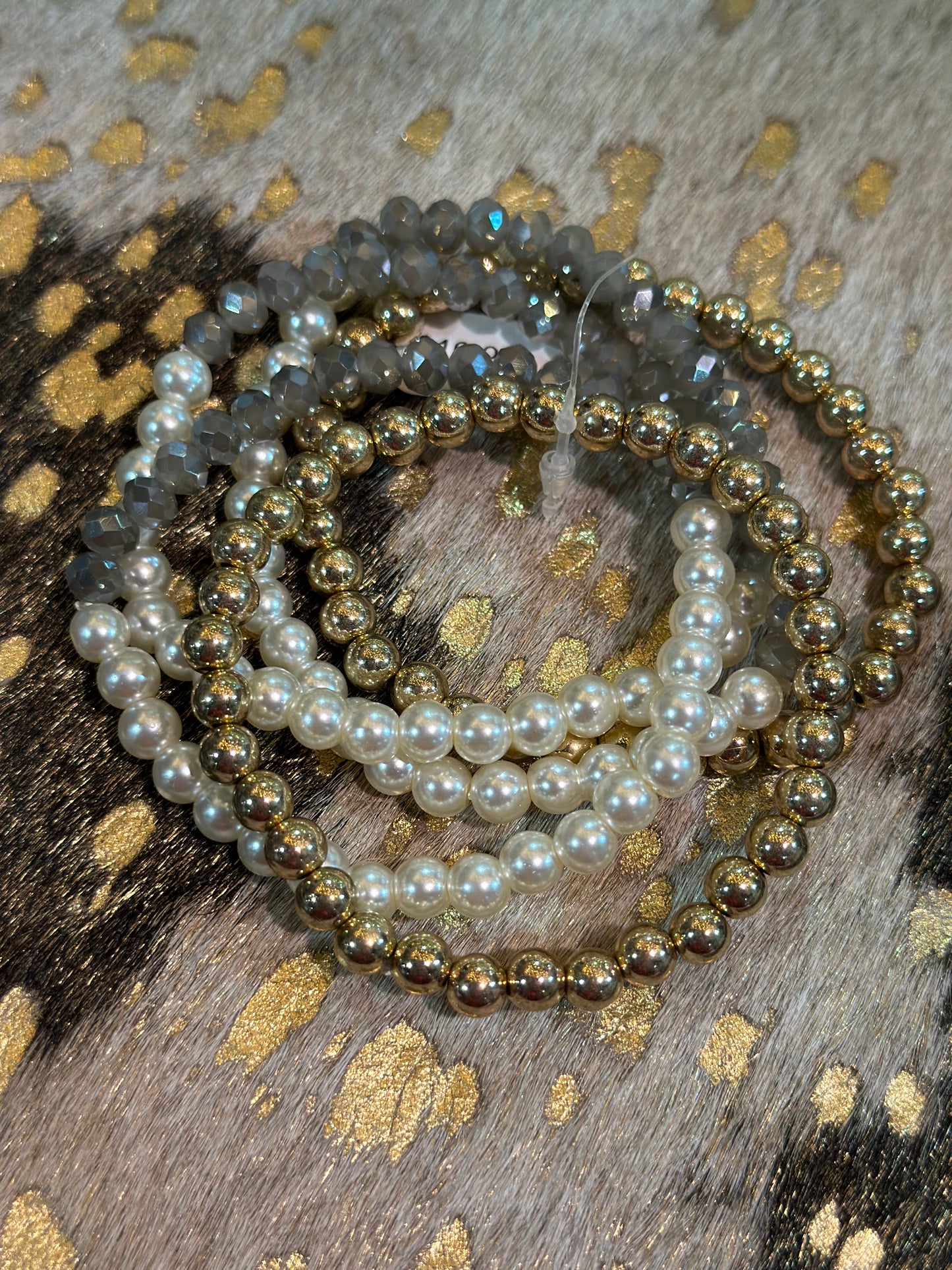 Grey Crystal Pearl Stretch Bracelet Set