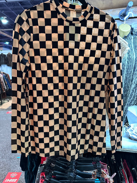 Tan & Black Checkered Mesh Long Sleeve Top