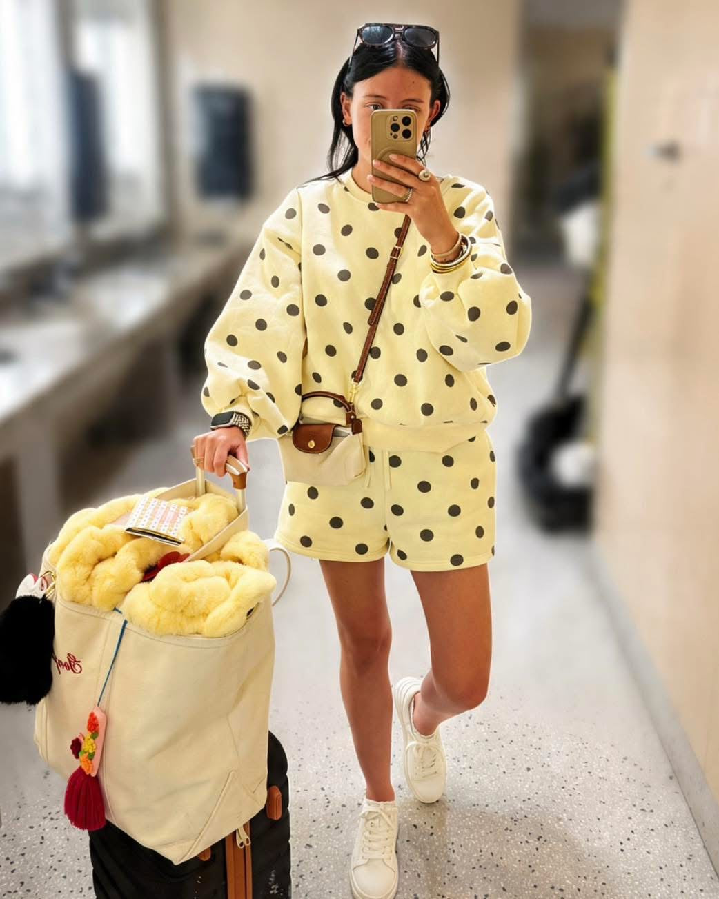 Yellow & Brown Polk Dot Fleece Short Set
