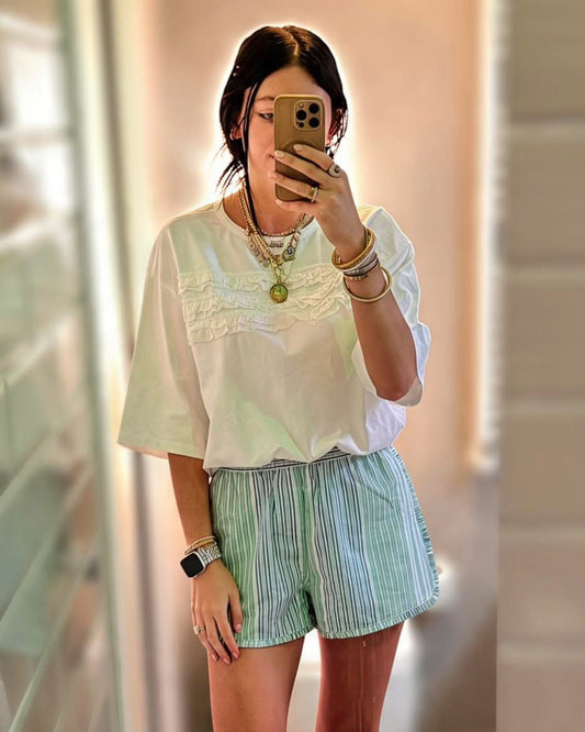 White Short Sleeve Ruffle Front Top