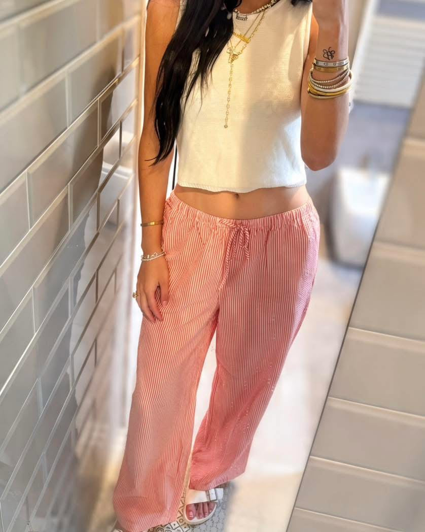 Striped Wide Leg Pants- Red