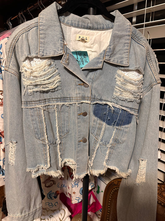 Distressed Denim Jacket with Sequin Patch