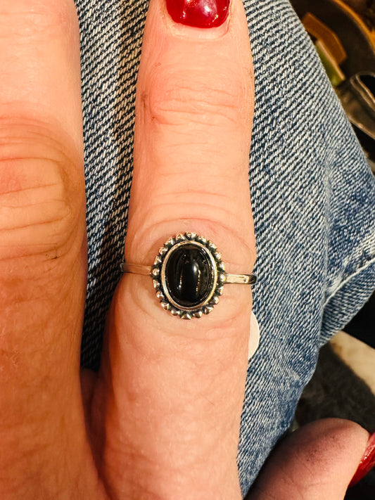 Beaded Sterling & Black Stone Ring