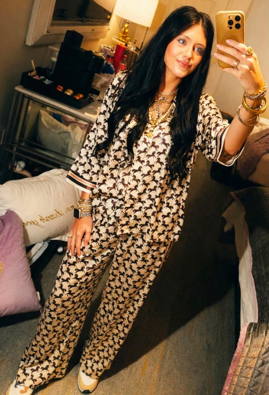 Horse Print Top & Pant Set- Cream & Brown