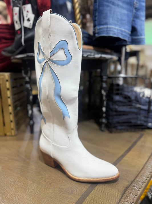 Isadora White & Blue Bow Knee High Boots