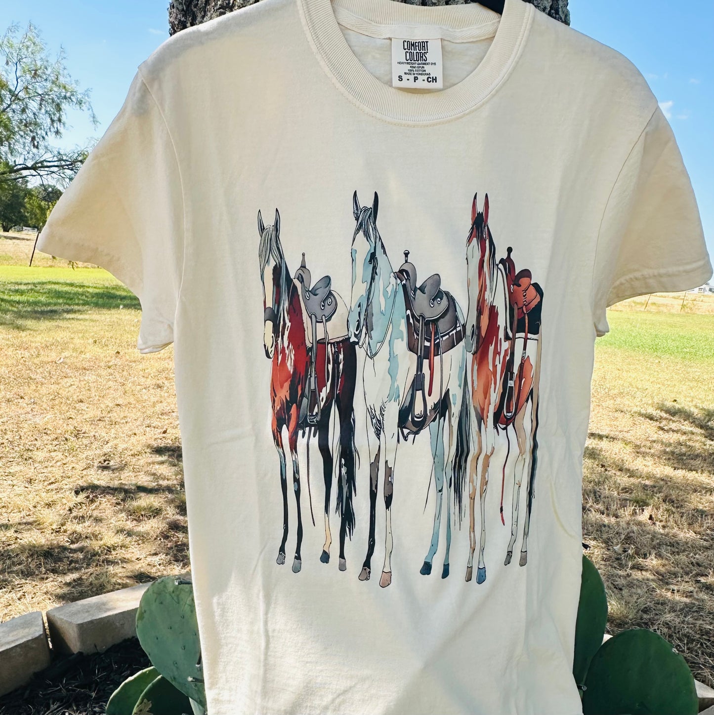 Three Saddled Horse Tee- Cream