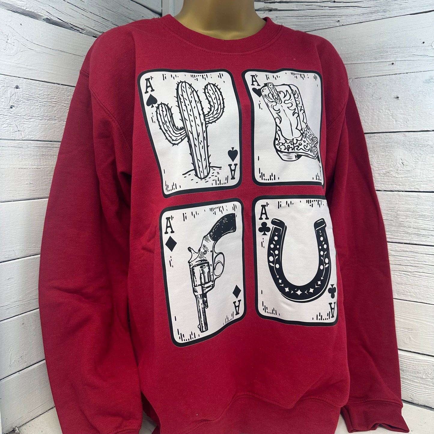 Ace Card Collage Sweatshirt- Maroon