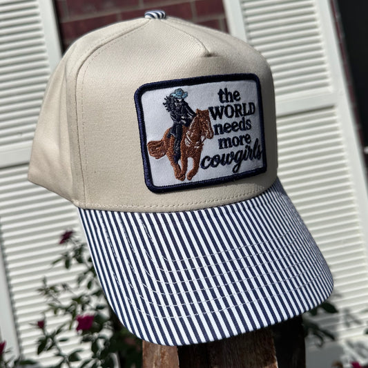 World Needs More Cowgirls Navy Striped Trucker Cap