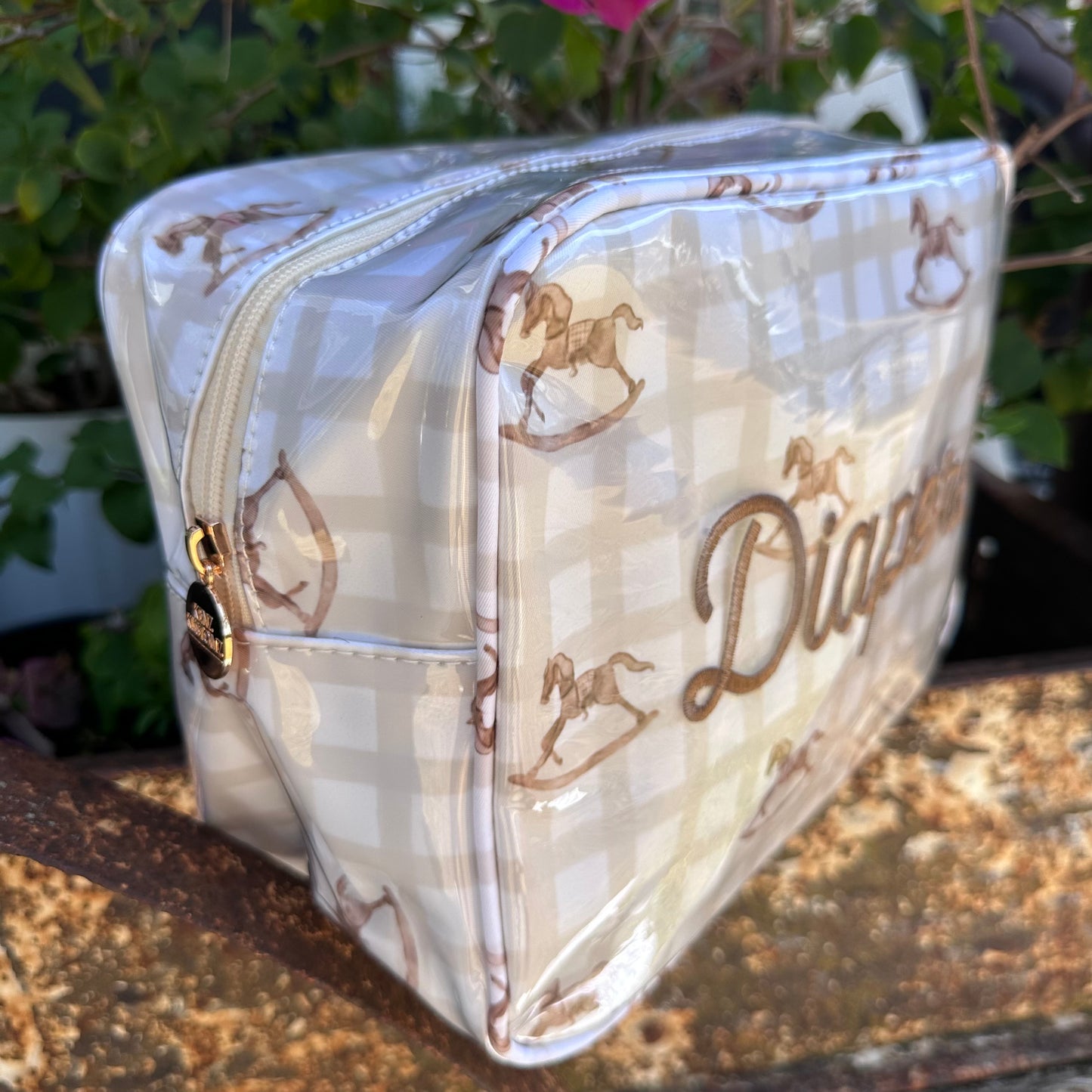 Diapers XL Rocking Horse Tan Plaid Clear Coat Bag