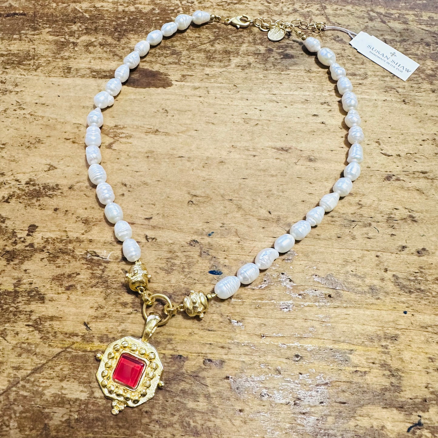 Susan Shaw Square Crimson French Glass Pearl Necklace