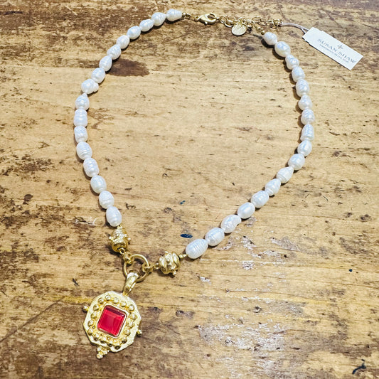 Susan Shaw Square Crimson French Glass Pearl Necklace