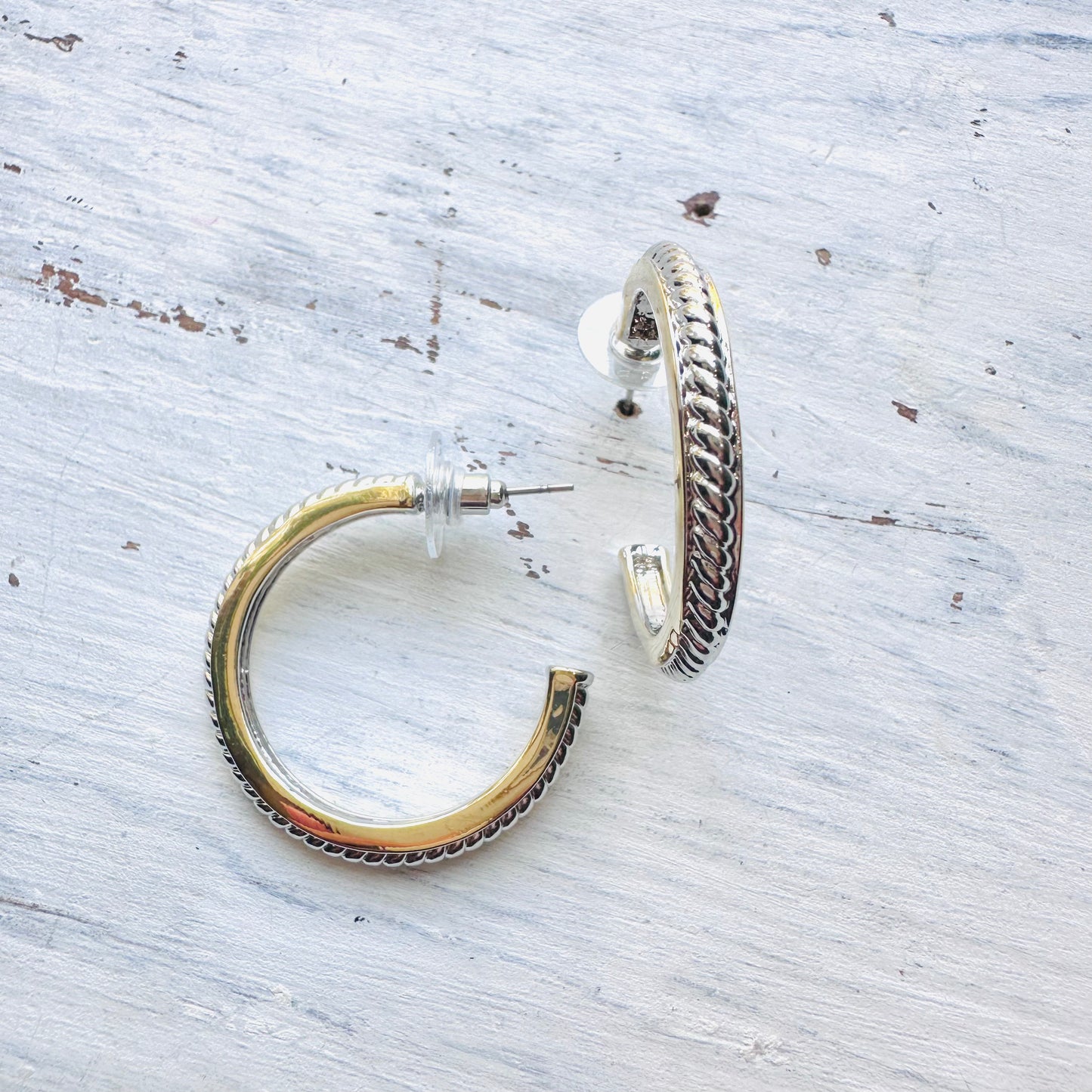 Silver Rope Gold Edge Hoop Post Earring