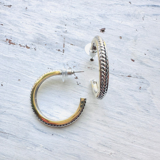 Silver Rope Gold Edge Hoop Post Earring