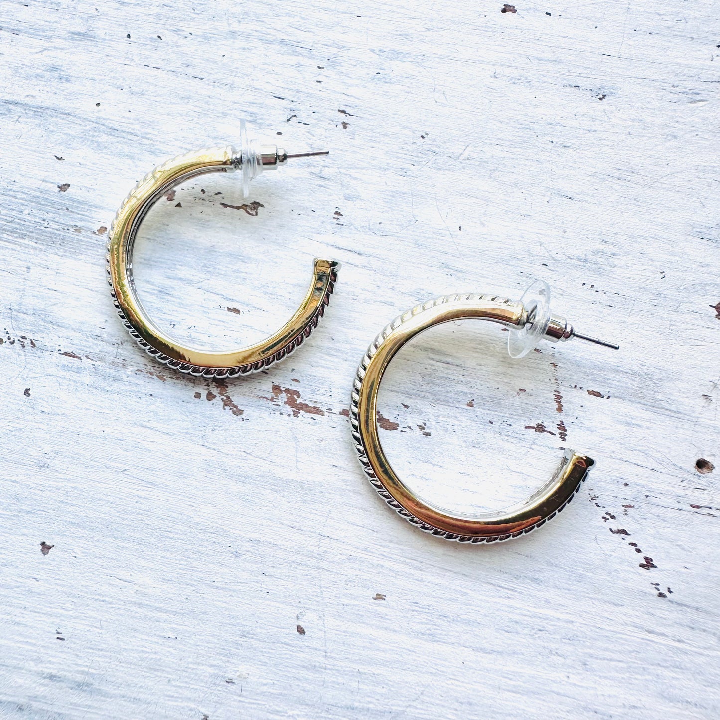 Silver Rope Gold Edge Hoop Post Earring