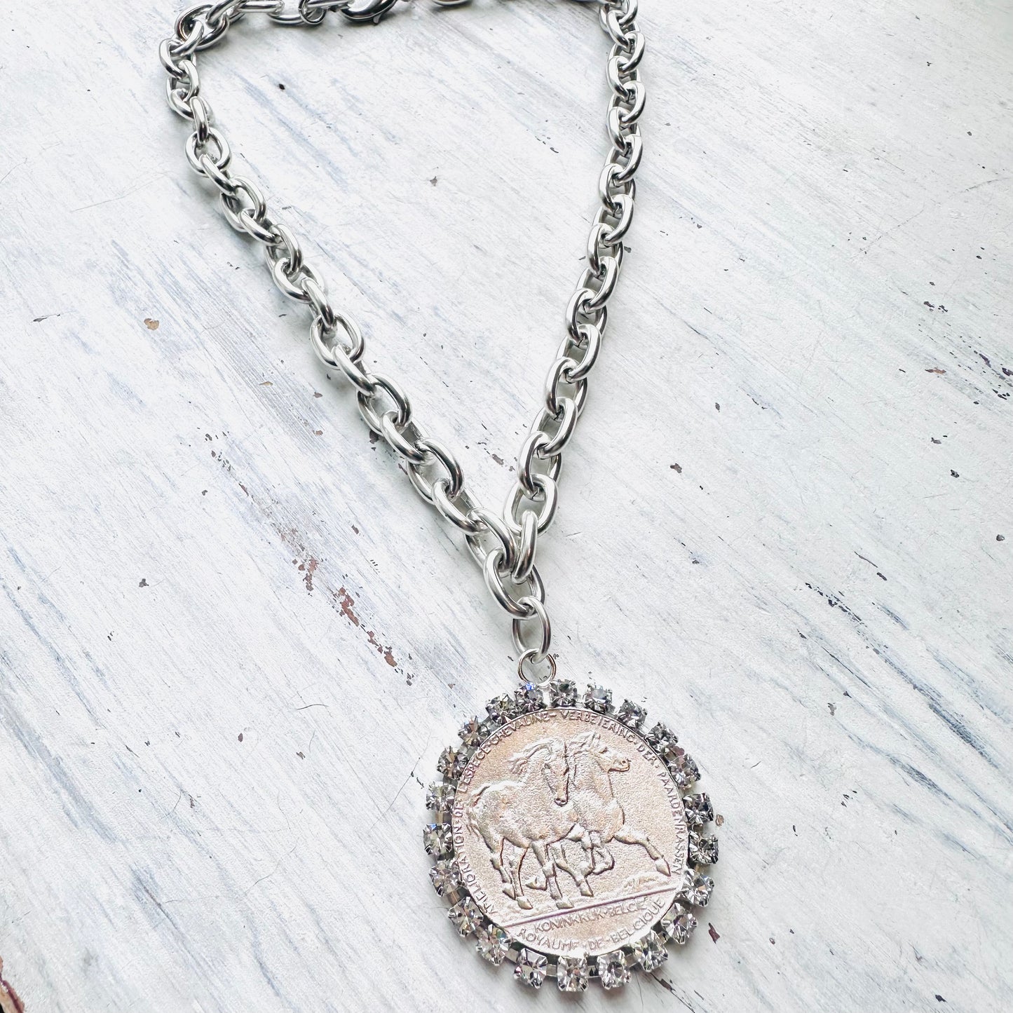 Yochi NY Silver Horses Medallion Rhinestone Necklace