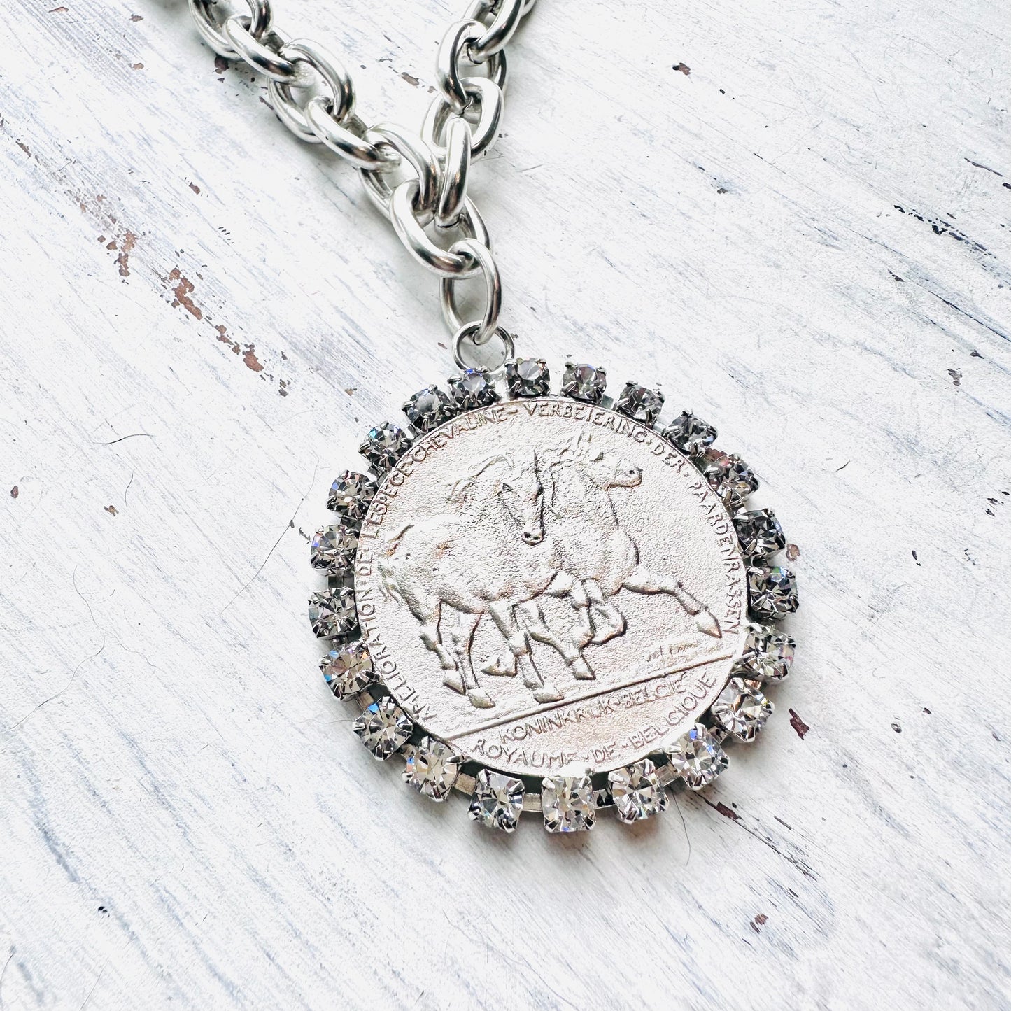 Yochi NY Silver Horses Medallion Rhinestone Necklace