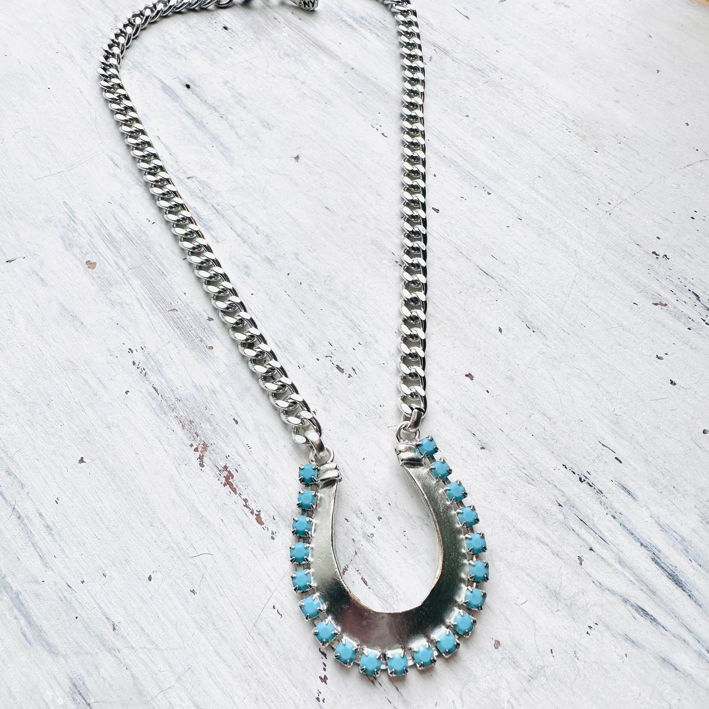 Yochi NY Silver & Turquoise Horseshoe Statement Chain Necklace