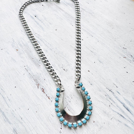 Yochi NY Silver & Turquoise Horseshoe Statement Chain Necklace