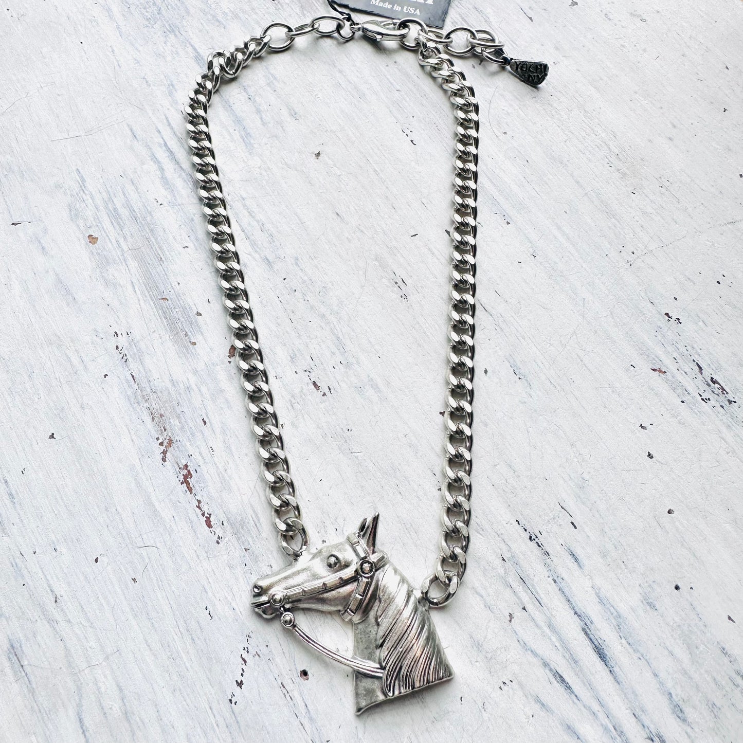 Yochi NY Silver Curb Chain Horse Head Pendant Necklace