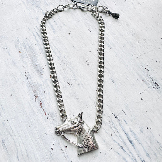 Yochi NY Silver Curb Chain Horse Head Pendant Necklace