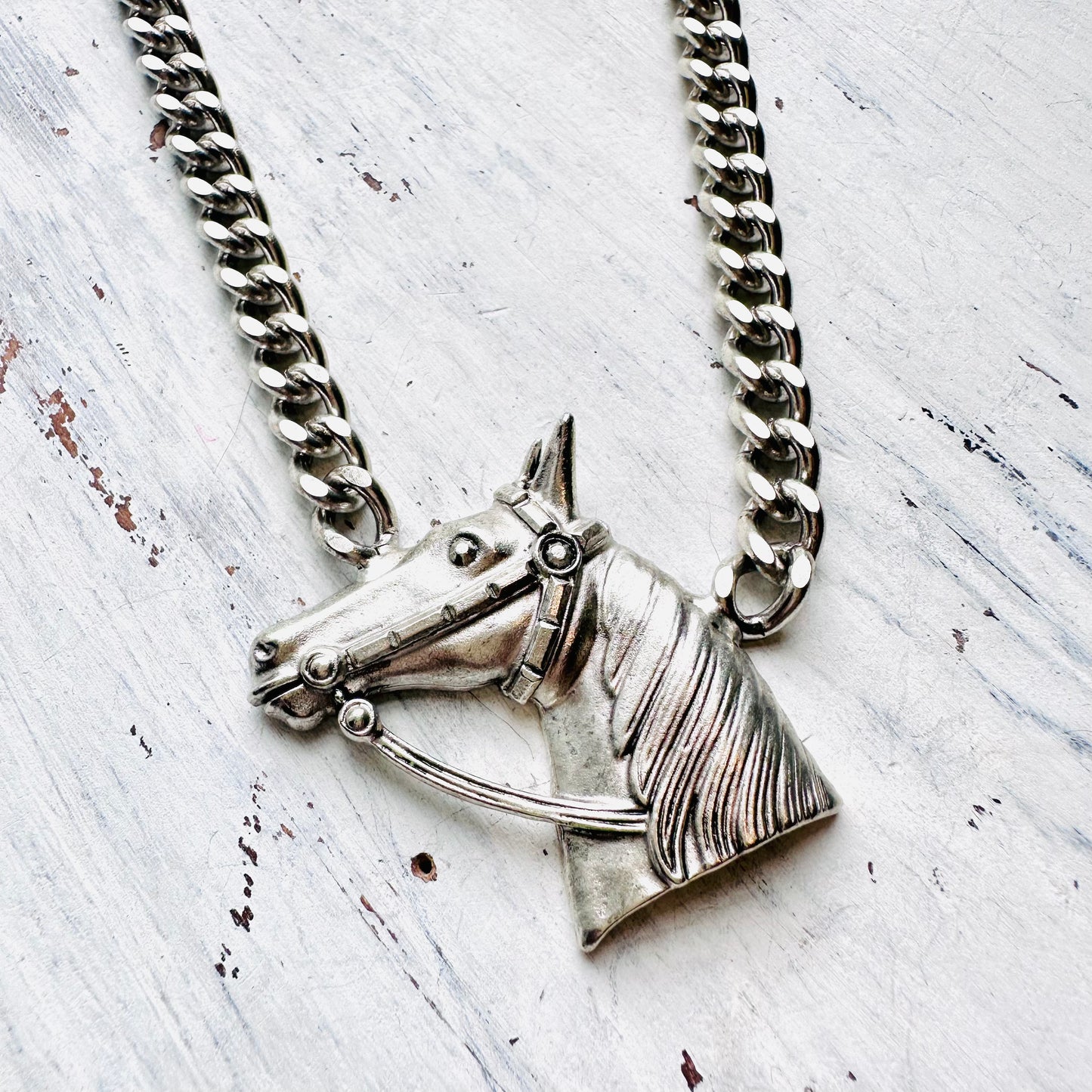 Yochi NY Silver Curb Chain Horse Head Pendant Necklace