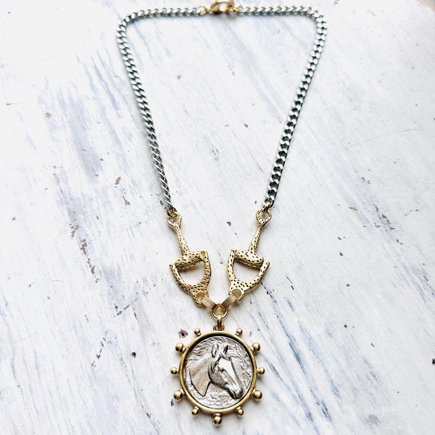 Yochi NY Veronica Horse Medaliion & Stirrup Necklace