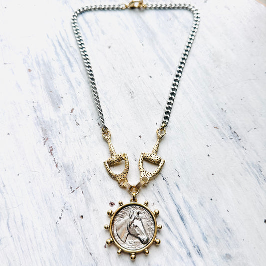 Yochi NY Veronica Horse Medaliion & Stirrup Necklace