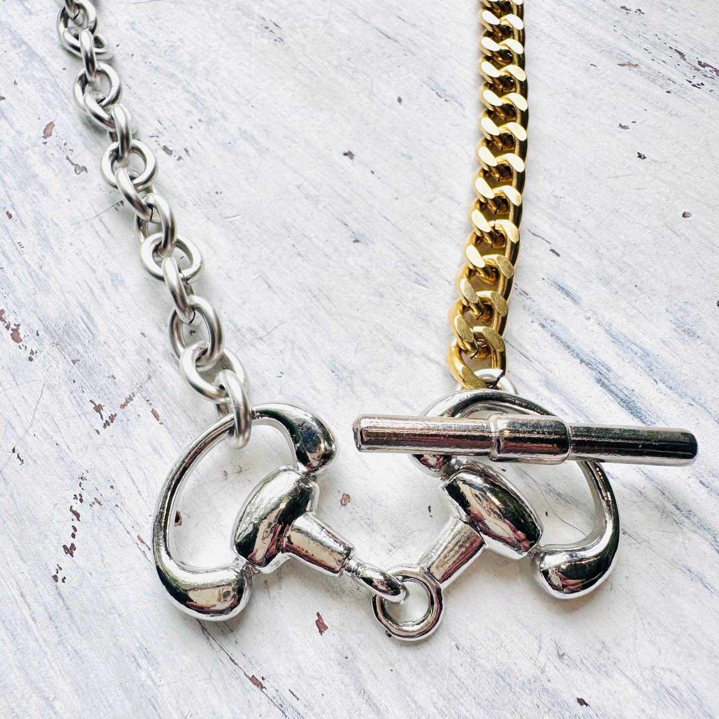 Yochi NY Half Silver Half Gold Toggle Bit Necklace