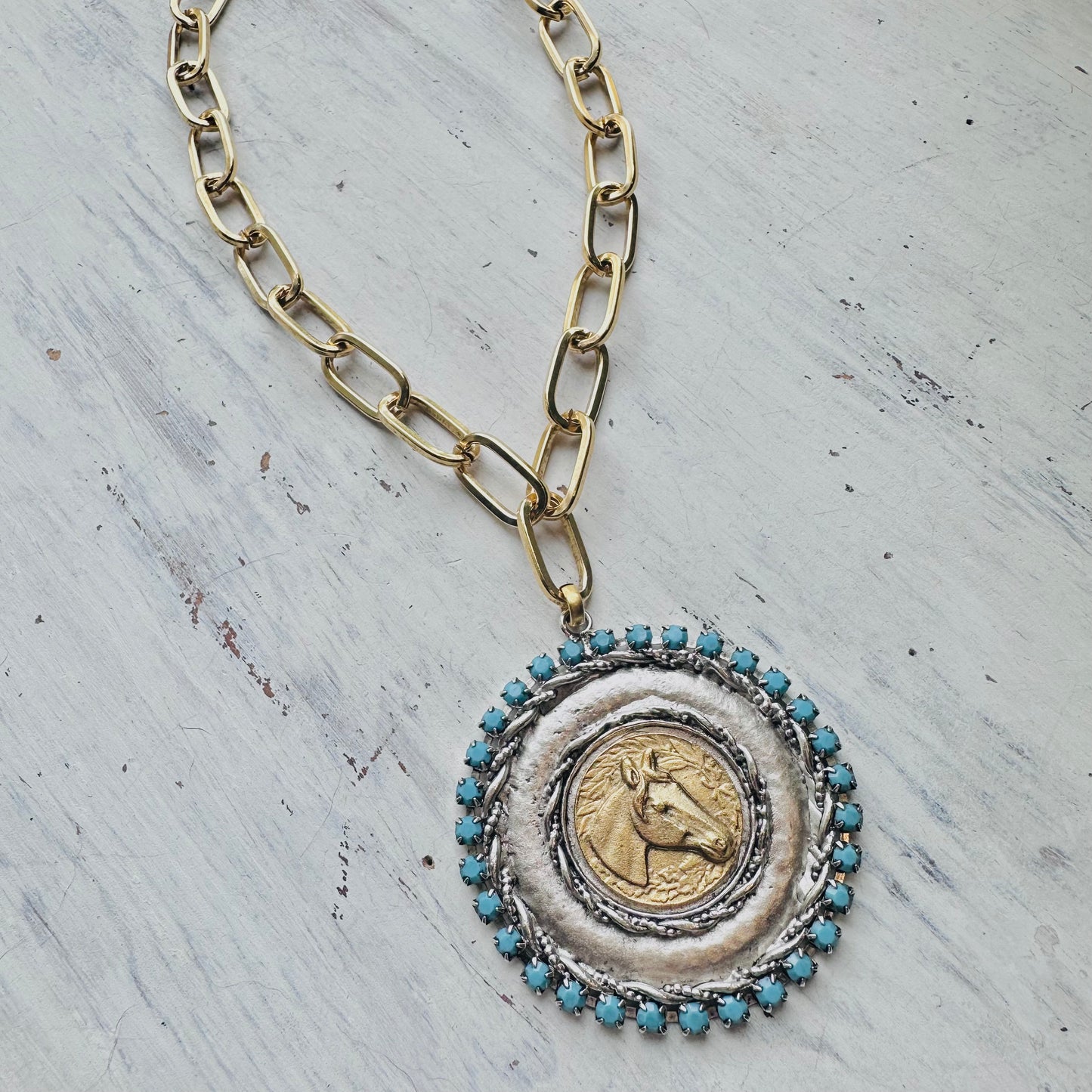 Yochi NY Gold Horse & Turquoise Pendant Paperclip Necklace