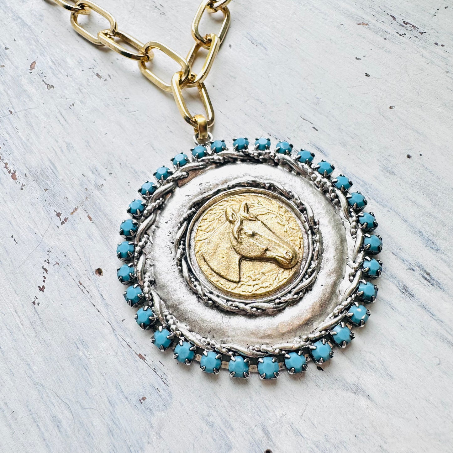Yochi NY Gold Horse & Turquoise Pendant Paperclip Necklace