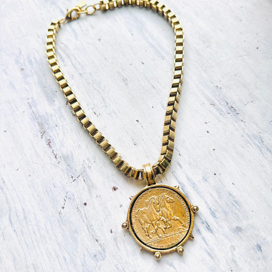 Yochi NY Chunky Box Chain Horse Medallion Necklace