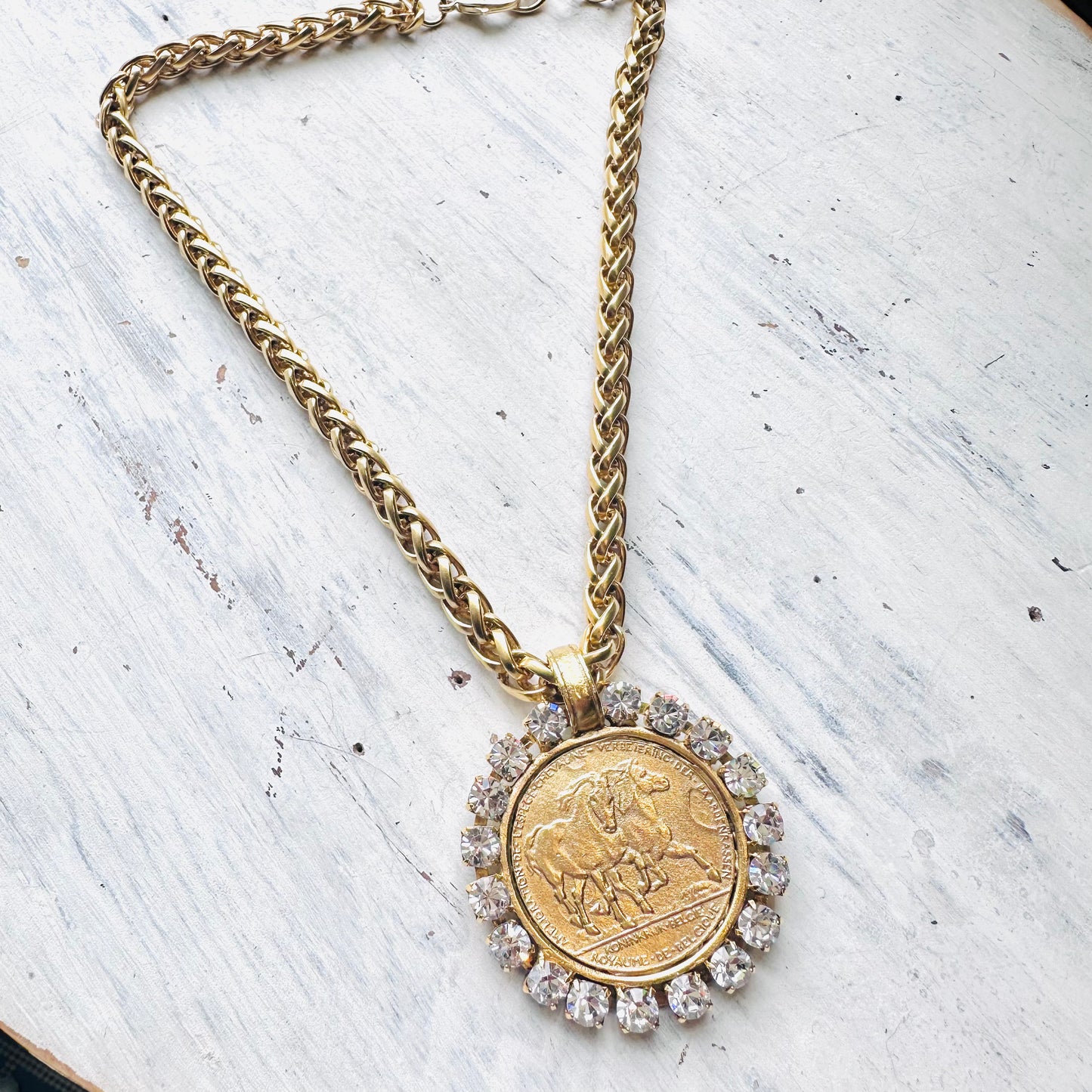Yochi NY Gold Horse Medallion & Rhinestones Chain Necklace