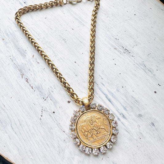 Yochi NY Gold Horse Medallion & Rhinestones Chain Necklace