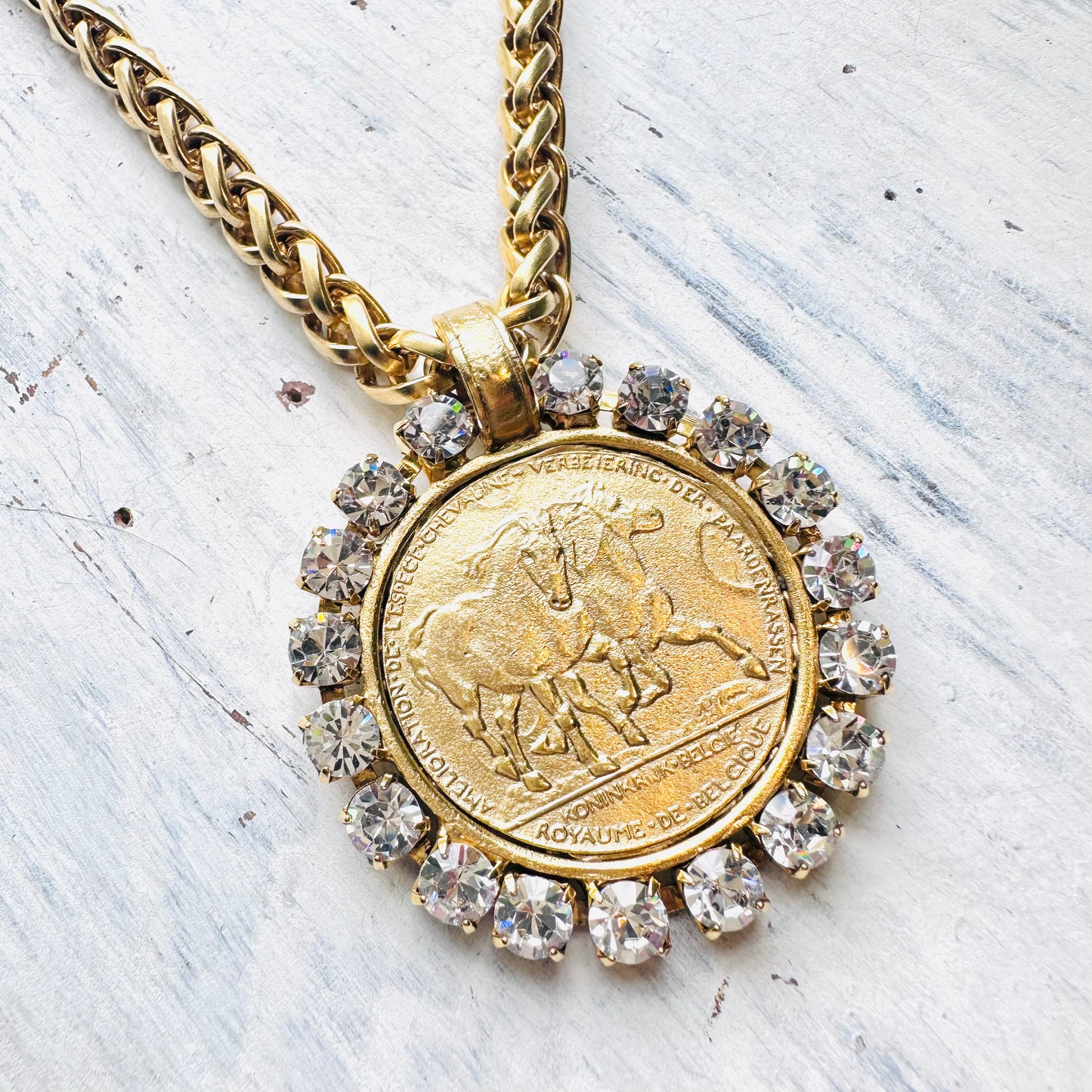 Yochi NY Gold Horse Medallion & Rhinestones Chain Necklace