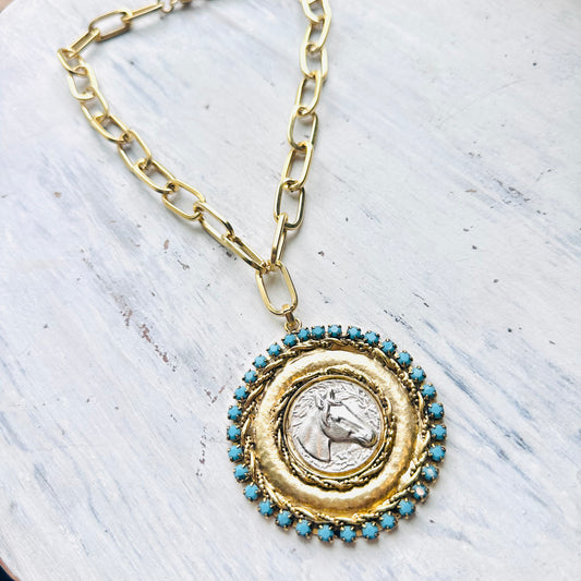 Yochi NY Silver Horse & Turquoise Pendant Paperclip Necklace