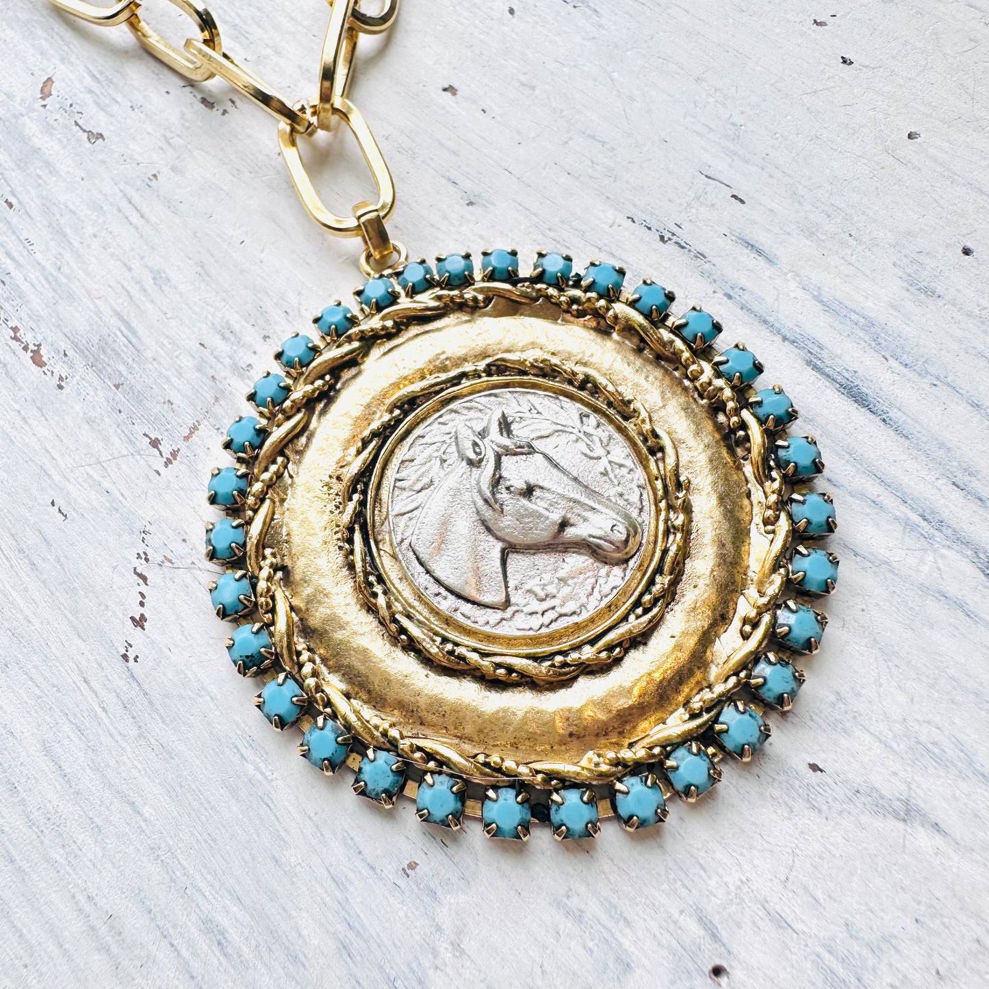 Yochi NY Silver Horse & Turquoise Pendant Paperclip Necklace