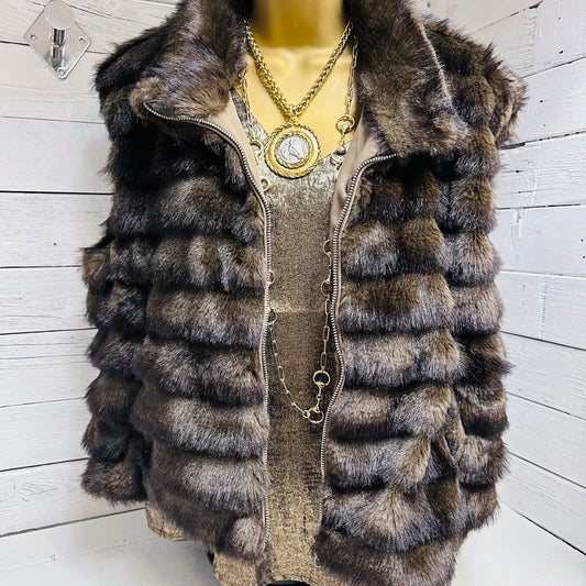 Faux Fur Front Zip Vest- Brown