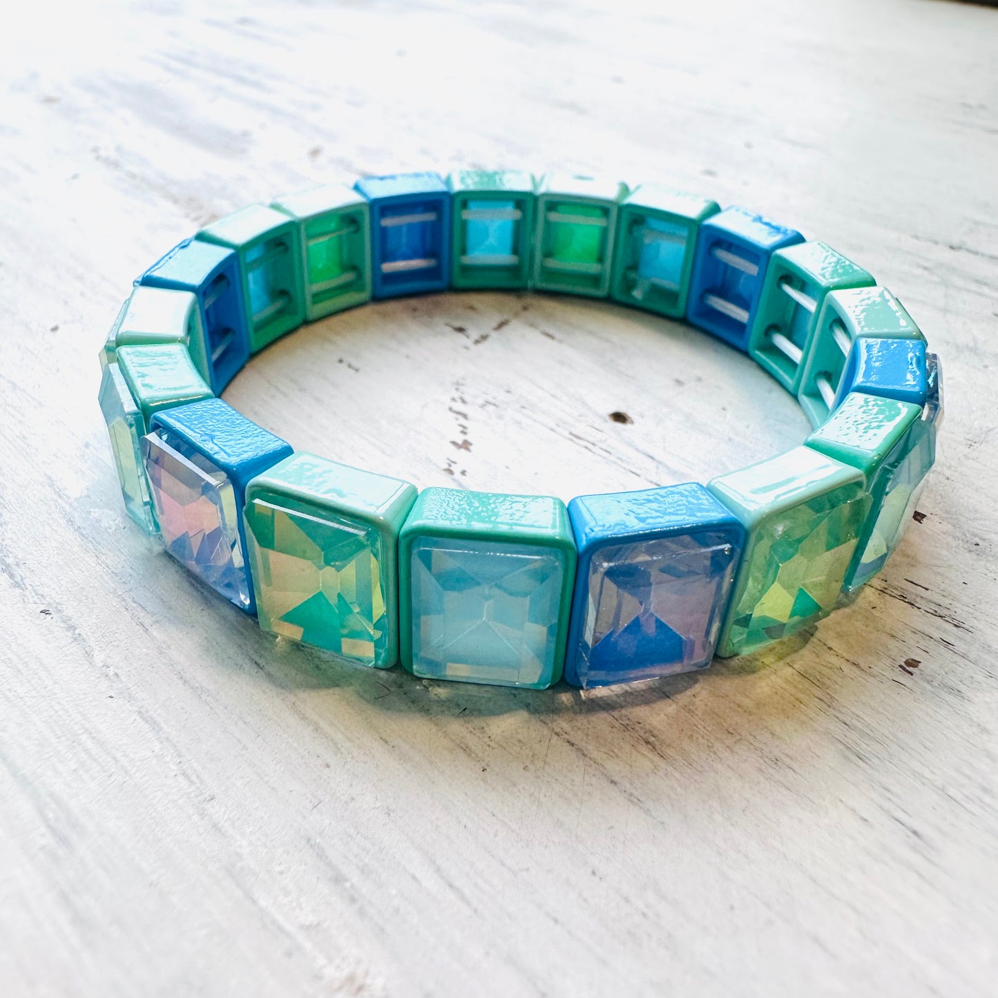 Enamel & Gem Stretch Bracelet- Shades of Turquoise