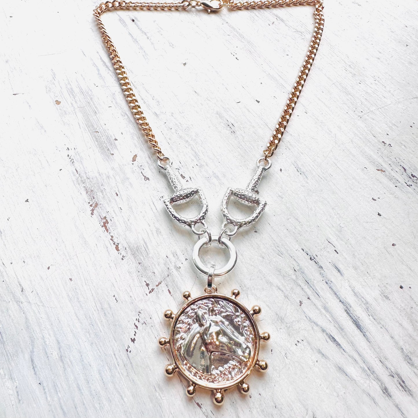 Mixed Metal Silver Horse Medallion & Bit Necklace