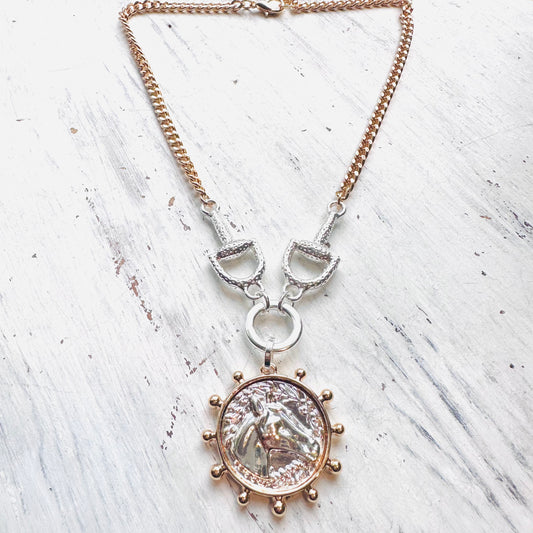 Mixed Metal Silver Horse Medallion & Bit Necklace