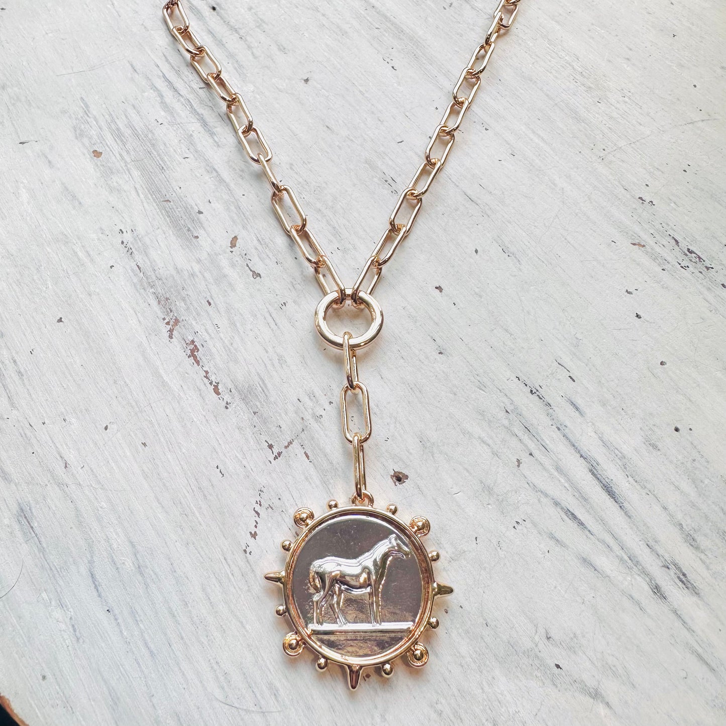 Silver Horse Medallion Drop Gold Paperclip Necklace