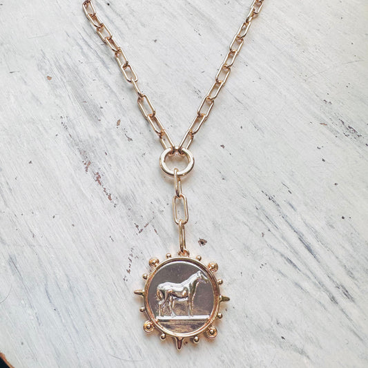 Silver Horse Medallion Drop Gold Paperclip Necklace